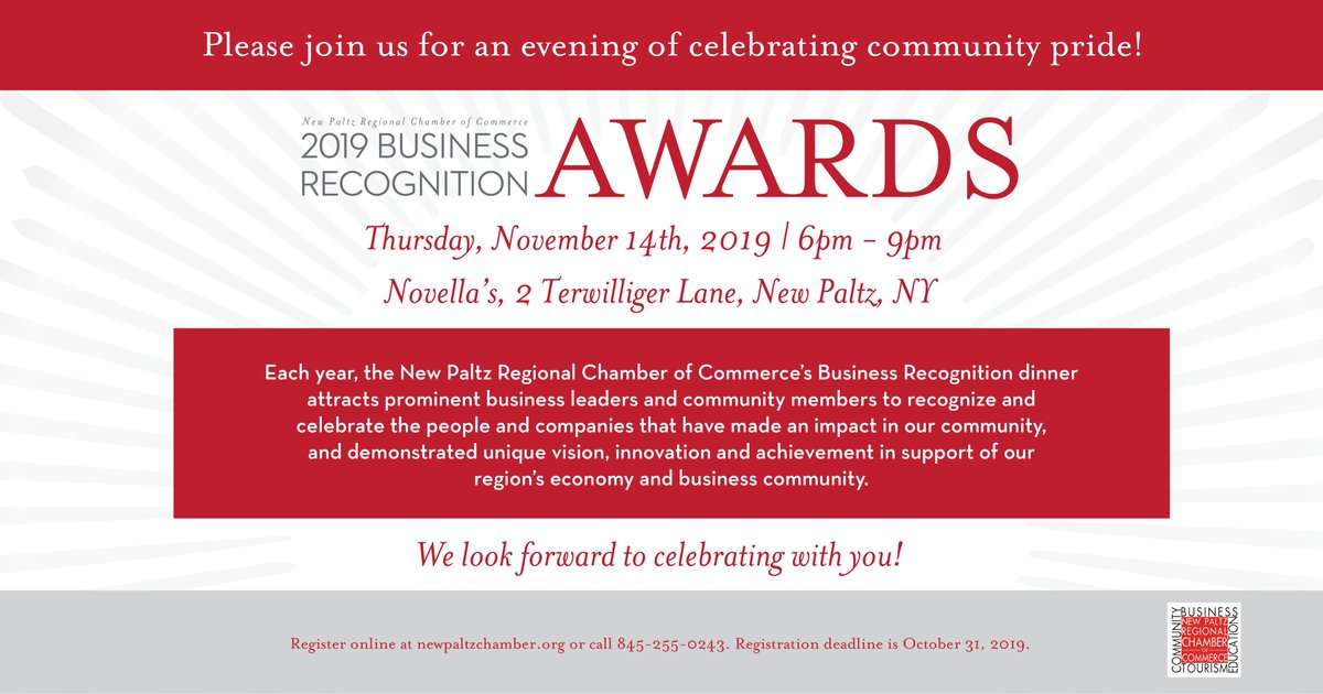 The <a href="/newpaltzchamber/">New Paltz Regional Chamber of Commerce</a> will be celebrating 5 #local #businessleaders at our Annual Business Recognition Awards. Join us! bit.ly/2019NPBusiness… #CommunityEngagement #community #CommunityFirst #thoughtleadership #LeadershipMatters