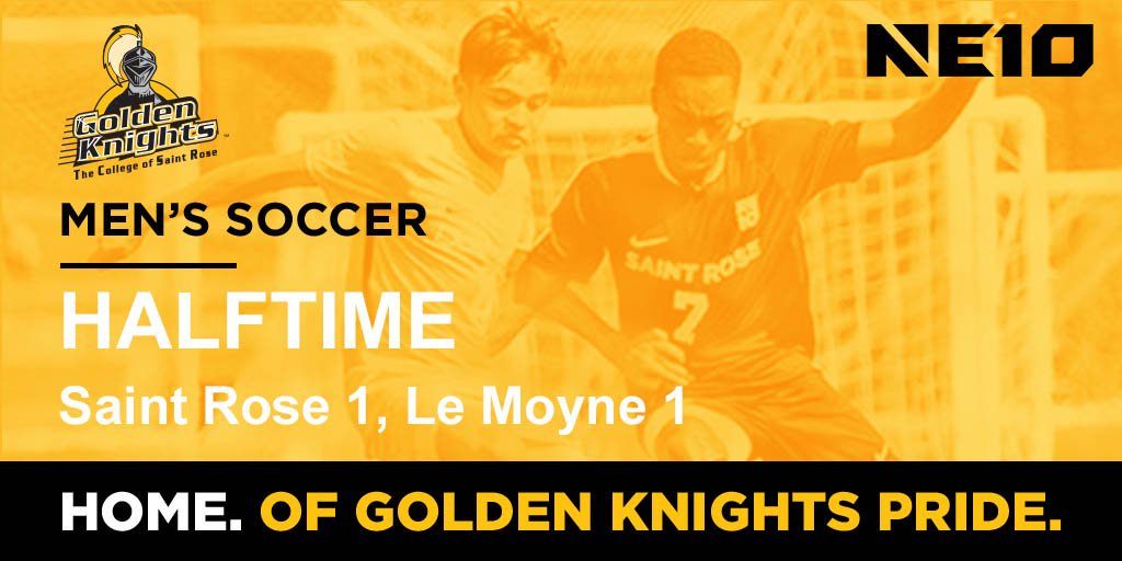 gogoldenknights's tweet photo. Men's Soccer Update: @saintrosemsoc and #UpstateChallenge rival Le Moyne tied 1-1 at halftime. Lule for #gogoldenknights Live Video: https://t.co/LCzaD8DBqo Live Stats: https://t.co/mqbKyke5Zp https://t.co/iRJQ1pgVzr