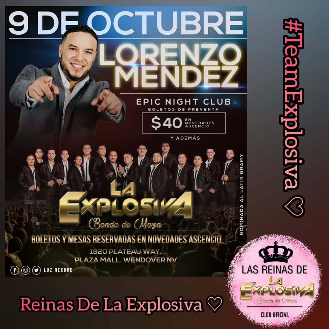 ReinasExplosiva's tweet photo. 💜✌ Amigos de Wendover Nevada la cita es hoy en el Epic Night Club 🎼🎶 @explosivademaza &amp; @lorenzomendez no pueden faltar 😎💜 #latingrammy #lasvegas #untributoalsol
#LaExplosivaBandadeMaza #LamentoDecirte
#CoordinaciónClubsLaExplosivadeMaza
#TeamExplosiva #ReinasDeLaExplosiva https://t.co/S0sfNpdyts