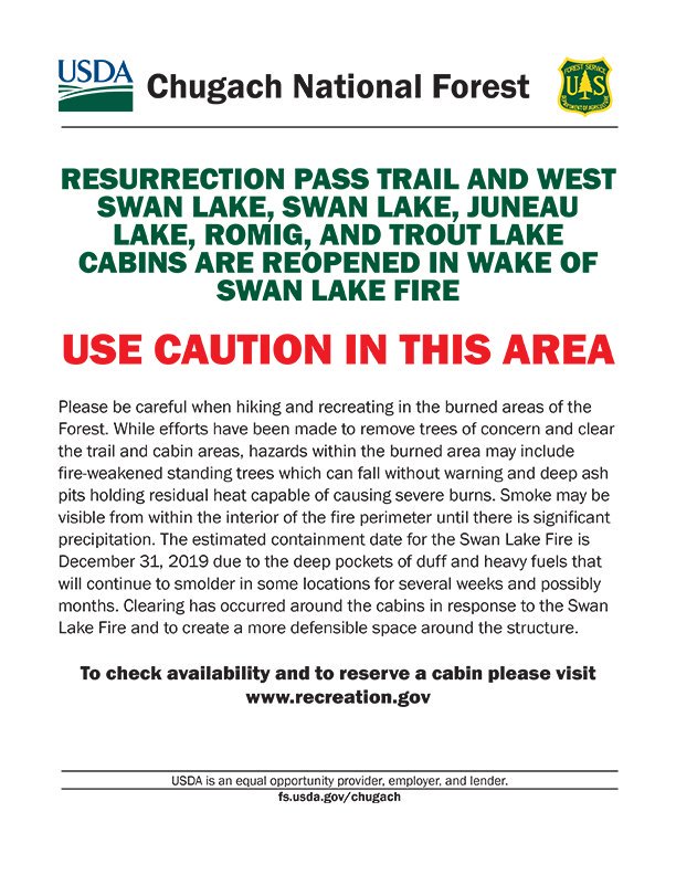 ChugachForestAK's tweet photo. #ChugachNF is opening areas that were impacted by the #SwanLakeFire-All areas, cabins & trails on Seward Ranger District are now open. Use caution in these areas, fire-weakened standing trees can fall without warning & deep ash pits can cause severe burns. https://t.co/itJnbVv4Q6 https://t.co/xUQvTFFA6s
