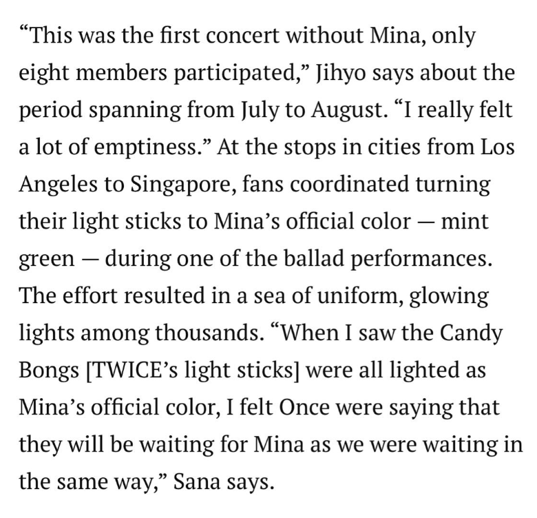 misayeon's tweet photo. Nayeon said all members were having a mentally hard time because of the pressures and expectations on them... but they felt relief from seeing the positive response from fans toward Mina’s situation. “I thought that TWICE doesn’t have to be in a rush when it comes to activities.” https://t.co/ON21ghq8TD