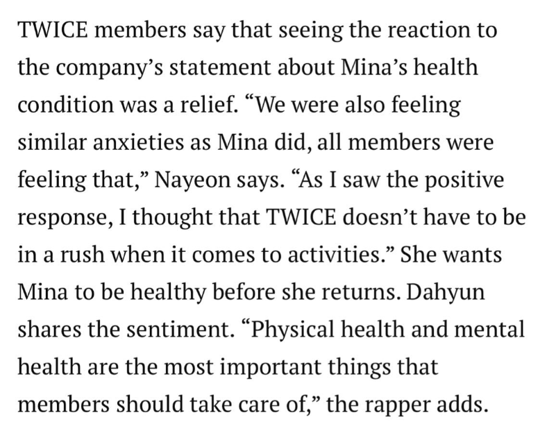 misayeon's tweet photo. Nayeon said all members were having a mentally hard time because of the pressures and expectations on them... but they felt relief from seeing the positive response from fans toward Mina’s situation. “I thought that TWICE doesn’t have to be in a rush when it comes to activities.” https://t.co/ON21ghq8TD