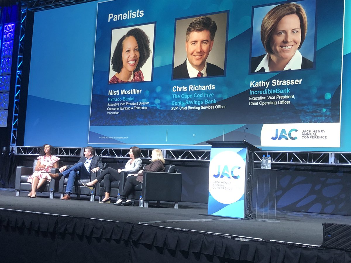 Big thank you to 3 members of our @JackHenryAssoc payment Advisory Board Kathy Strasser, Chris Richards , Misti Mostiller &amp;  key member of my team, Deborah Phillips for the great job on the panel discussion on payment strategy for banks at our annual conference !