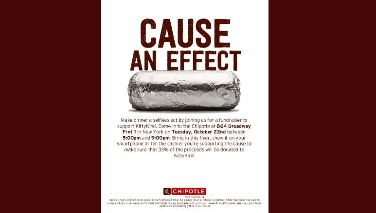 KittyKind's tweet photo. Craving for purrito?! Come eat at Chipotle on 864 Broadway Frnt 1 in nyc on October 22nd, 5-9pm and 33% of the proceeds will be donated to Kitty Kind.
Retweet this flyer to share with your friends and spread the word! #kittykind #chipotle #ChipotleFundraiser #catrescue https://t.co/pYr5biYAfY