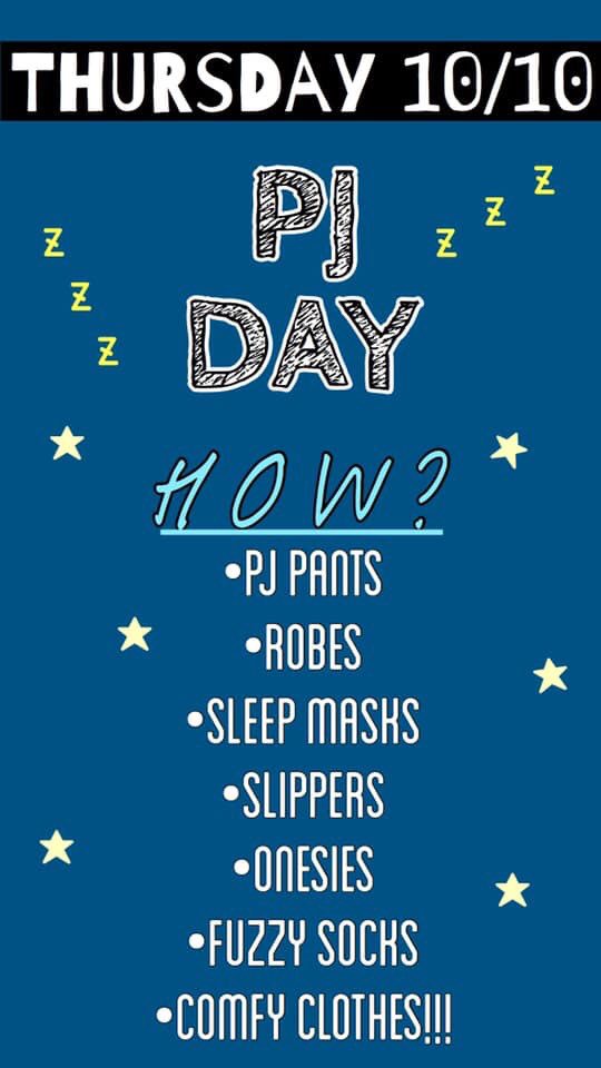 KEEP IT GOING FOR THURSDAY’S PJ DAY!! REMIND YOUR FIRST HOUR TEACHER TO TAKE COUNT OF SPIRIT SO BECAUSE TOMORROW IS A HALF DAY!!!🧦😴😴