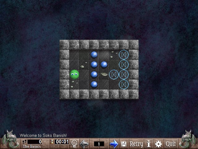 A tutorial level from Soko Banish, showing a "Welcome to Soko Banish!" message using the new intro message system.