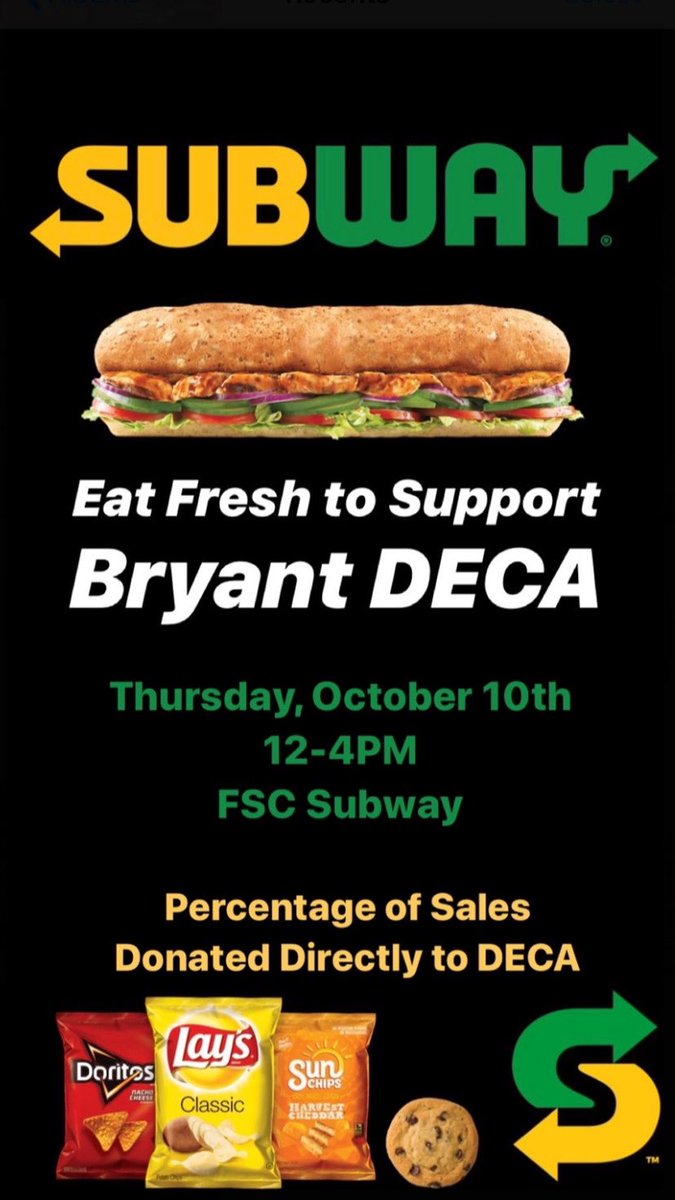 BryantDECA's tweet photo. Eat Fresh at @SUBWAY Thursday 10/10 to support Bryant DECA! https://t.co/V9A9qadN6B