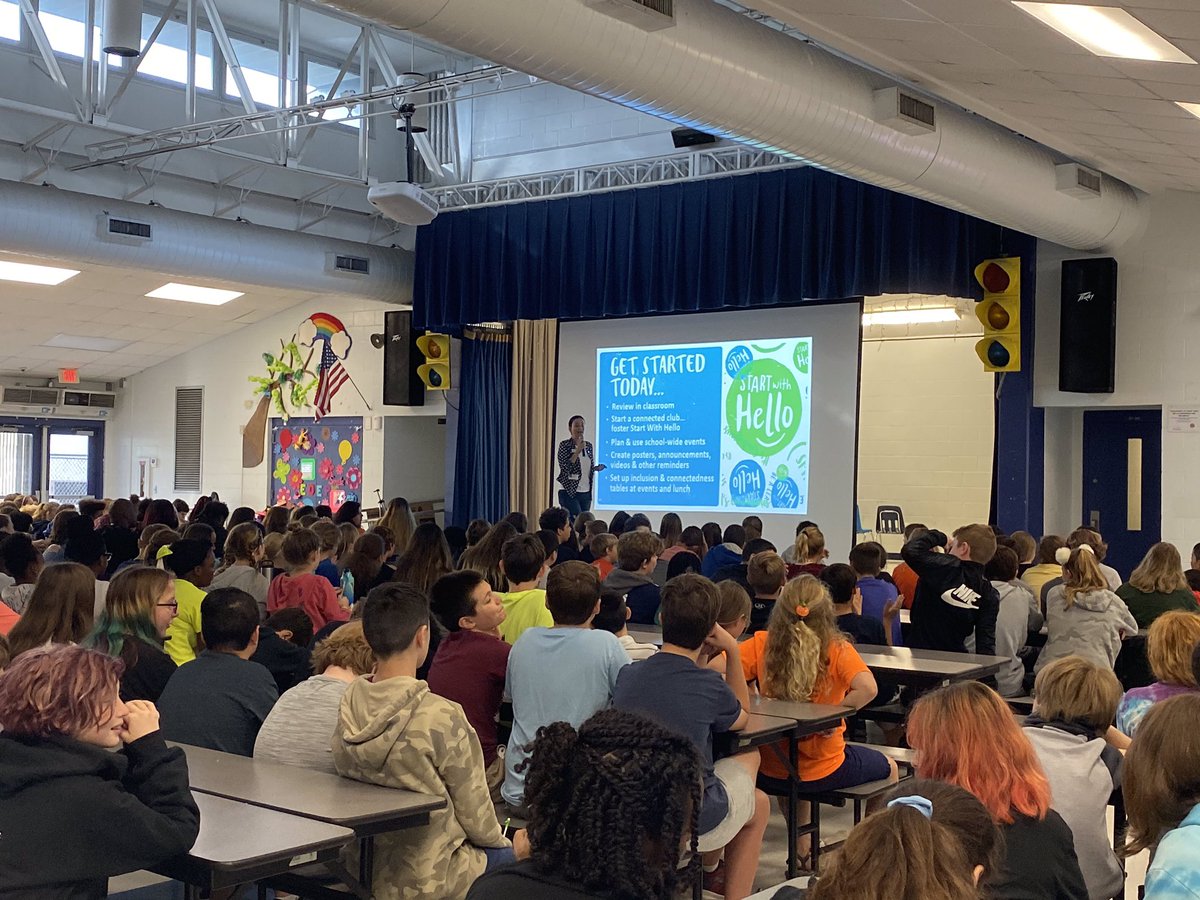 HighSpringsCS's tweet photo. Students in grades 6-8 started with HELLO this morning learning icebreakers from Sara to help create a stronger sense of community at HSCS! She was a rockstar! #StartWithHello @sandyhook #HelloHawks https://t.co/q5vUDdmUaZ