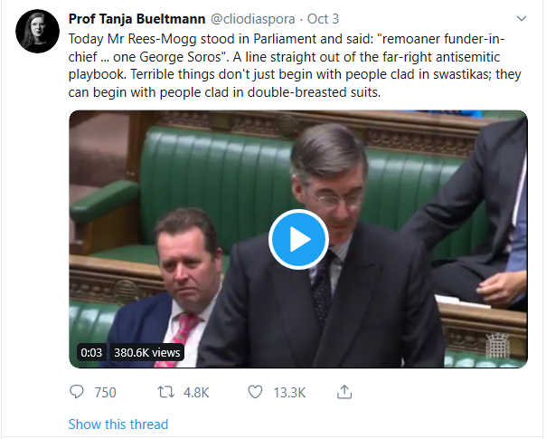Tanja Bueltmann has levelled a baseless accusation of anti-Semitism against Jacob Rees-Mogg. As a German, Bueltmann knows how dangerous it is to wrongly accuse people of anti-Jewish prejudice. But she did it anyway because she thought it might benefit her politically. Bravo!