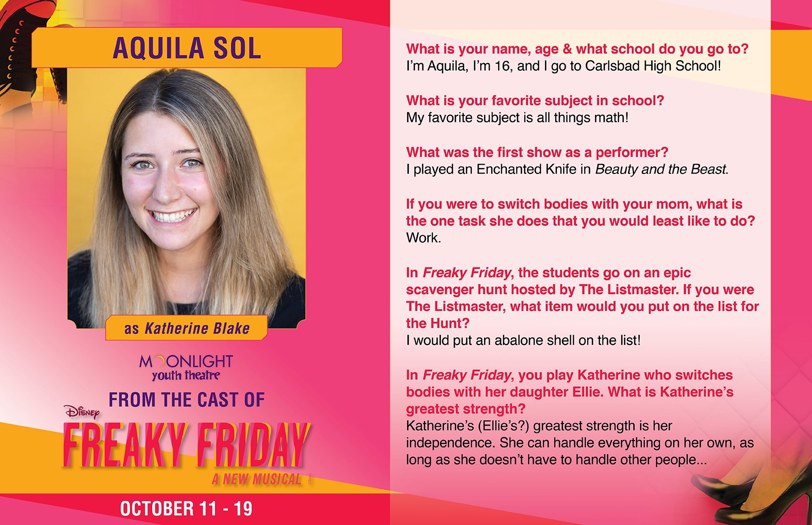 Moonlight Amphitheatre Meet The Cast Of Freaky Friday A New Musical Coming October 11 19 Aquila Sol Who Plays The Role Of Katherine Blake Who Switches Bodies