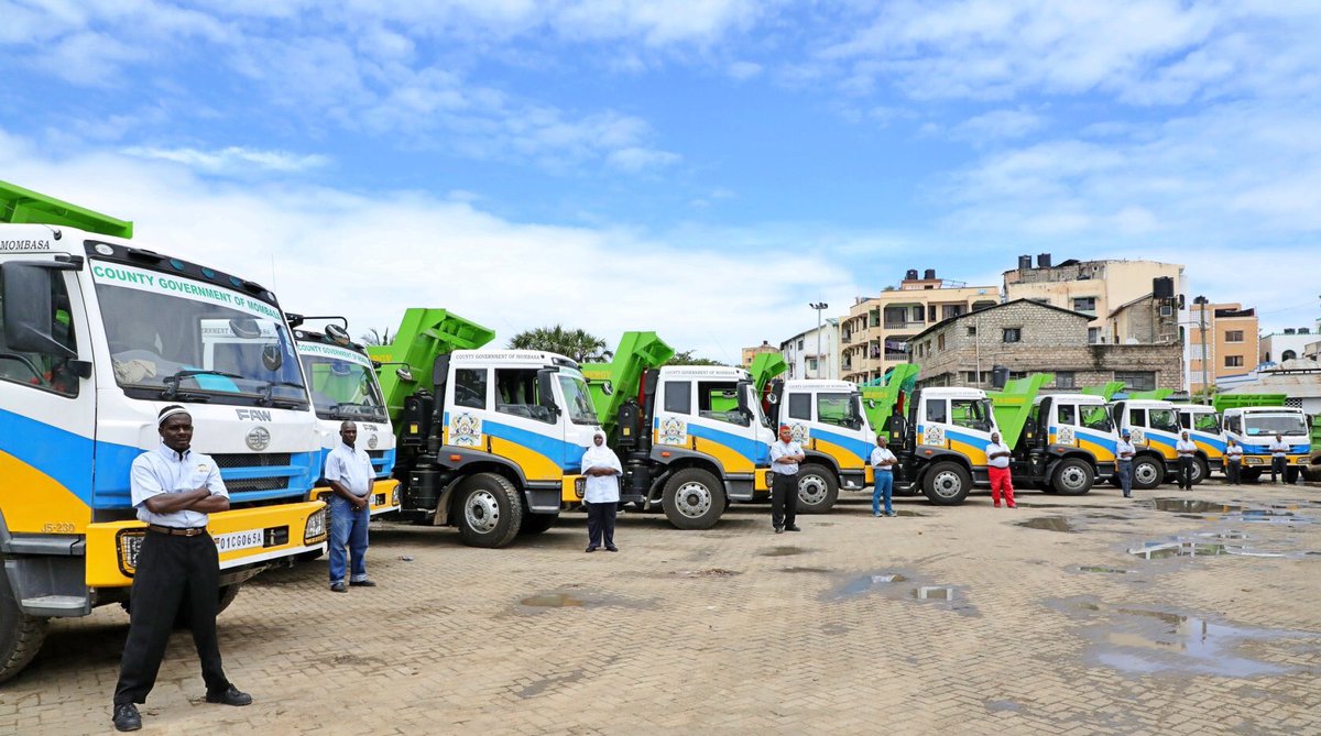 HassanAliJoho's tweet photo. The County Government of Mombasa has today added a fleet of ten new 15 tonne trucks to enhance timely clearance of solid waste by the Department of Environment, Solid Waste Management and Energy within Mombasa County. https://t.co/6IgviYysOf