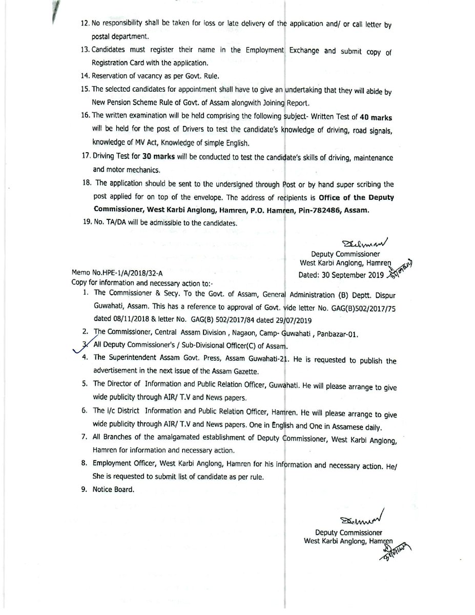 DcWestKA's tweet photo. Recruitment for Gr-III (Driver) post in the establishment of Deputy Commissioner, West Karbi Anglong. For further details check the advertisement enclosed. https://t.co/NXaBuepf99