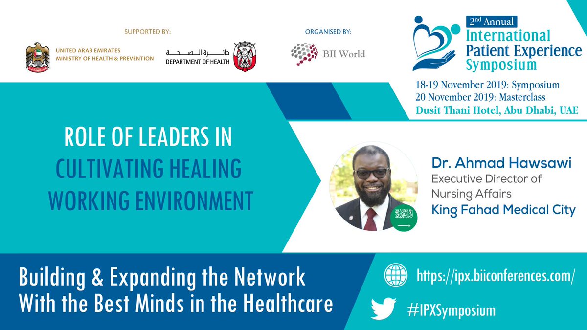 biihealth's tweet photo. #BIIconference is excited to welcome @AHMADHawsawi7 as a #speaker for the 2nd Annual International #PatientExperience Symposium #IPXSymposium taking place on the 18th - 20th Nov 2019 in #DusitThani #AbuDhabi Visit https://t.co/u7nb25uPQE for more details.
#event #healthcare https://t.co/mDgaFr4L3F