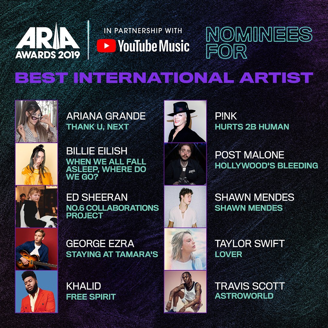 테일러가 2019 ARIA Awards의 Best InternationL Aritst 부문에 노미네이트되었습니다!!
#ARIAsTaylorSwift 해쉬태그를 이용해 투표하실수있어요 #ARIAs