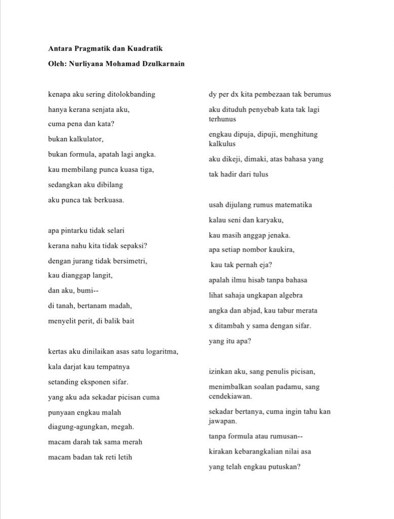 anqkasalepas's tweet photo. hi, i entered math poem competition and i won the third place. here’s my sajak matematik. —sang penulis picisan. https://t.co/2ww1RlsOSn
