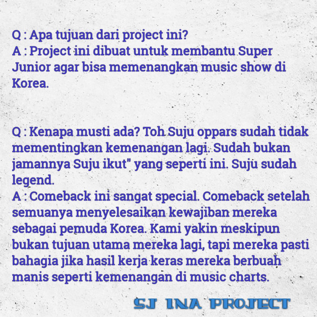 sjinaproject's tweet photo. Selamat siang, berikut ini beberapa Q and A tentang tujuan dan kenapa project ini diadakan. Silahkan dibaca &amp; di share ke sesama teman ELF. Kami sangat membutuhkan support dan kerja sama dari kalian 💙  @SJofficial #SUPERJUNIOR #슈퍼주니어 #SUPER_Clap #SJ_Time_Slip #SJ_SUPER_Clap https://t.co/d2XLLOMir4