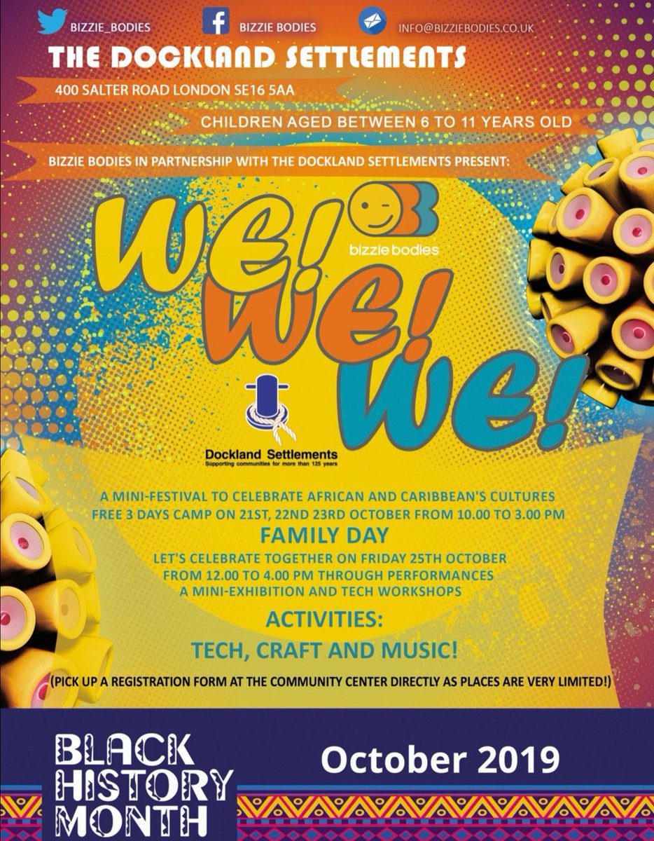 Free activities October half term <a href="/DSettlements/">Dockland Settlements</a> through Tech &amp; Art activities, Family event 25th October with performances, workshops and showcase. <a href="/WorgInfo/">Our Rotherhithe</a> <a href="/SouthwarkEvents/">Southwark Presents</a> <a href="/AlbionPrimary/">Albion Primary School</a> <a href="/rotherhithetour/">Rotherhithe Tours⚓️</a> <a href="/SalterGroup/">Alfred Salter Parent Support Group</a> <a href="/WISE16/">What's on SE1 & SE16</a> <a href="/CNSouthwark/">Creative Network Southwark</a> <a href="/UnitedStSaviour/">United St Saviour's</a> <a href="/engagevisualart/">Engage</a>