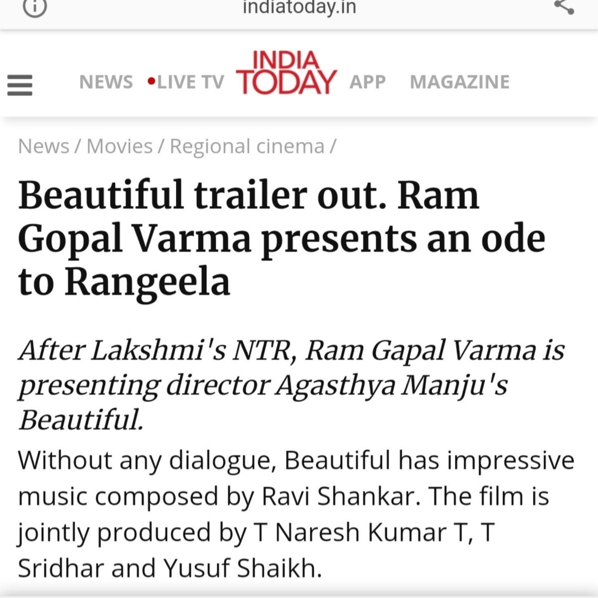 ravishankars72's tweet photo. Thank You Sir @RGVzoomin,@purijagan #BeautifulTrailer ,#OdeToRangeela ,#Beautiful. https://t.co/hR7CNzhO1u