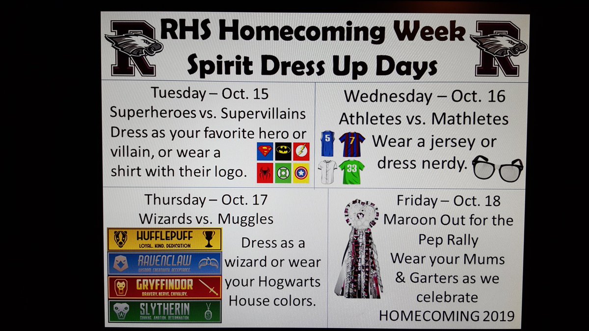 RowlettStuCo's tweet photo. RHS Homecoming Spirit Week Dress up Days are posted below. The days have not changed, but more dress up days ARE coming  next semester that have not yet been announced, so we will get to some of your favorites. Thank you for your support and participation! https://t.co/uuGd8BqO4S