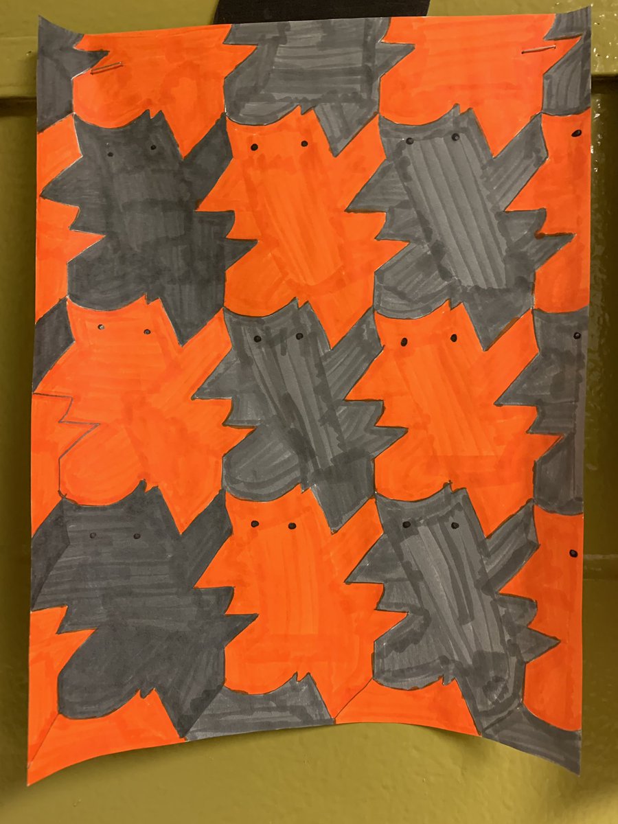 trodsmathtalk's tweet photo. Since it’s such a hectic week -(homecoming, field trip, dance, etc)- We are being mathematically artistic 😬. Here are a few of my fave so far (Ss made their own tessellation pieces from index cards) #mathart #makingmathfunagain @RobertaLudwigs2 https://t.co/Jiky74s4i6