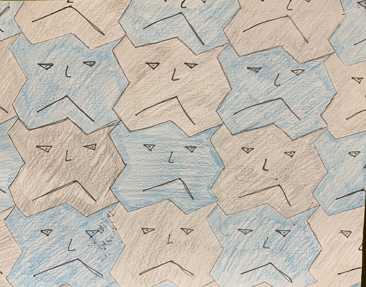 trodsmathtalk's tweet photo. Since it’s such a hectic week -(homecoming, field trip, dance, etc)- We are being mathematically artistic 😬. Here are a few of my fave so far (Ss made their own tessellation pieces from index cards) #mathart #makingmathfunagain @RobertaLudwigs2 https://t.co/Jiky74s4i6