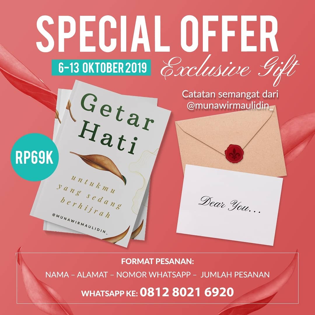 qultummedia's tweet photo. Jangan sampai lolos! π
Special offer buku #getarhati mulai tanggal 6-13 Oktober 2019. Format pemesanan: Nama - Alamat - Nomor Whatsapp - Jumlah Pesanan, lalu kirim ke WA 0812-8021-6920. https://t.co/zcGbacCH7R