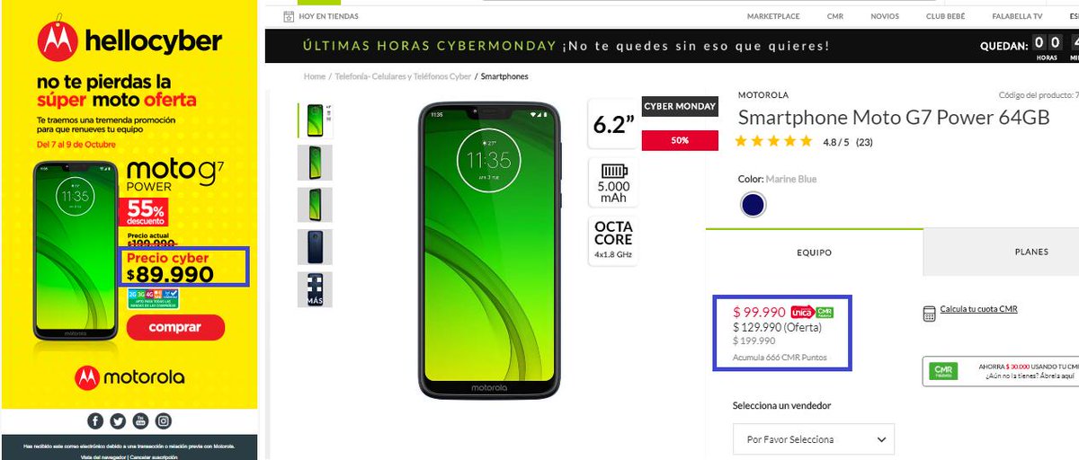 CZamos's tweet photo. @MotorolaCL La oferta del mail no se concreta en la tienda vinculada, que se abre cuando uno desea comprar. Los valores ofertados son diferentes #cibermonday2019 https://t.co/DIhoXWvatu