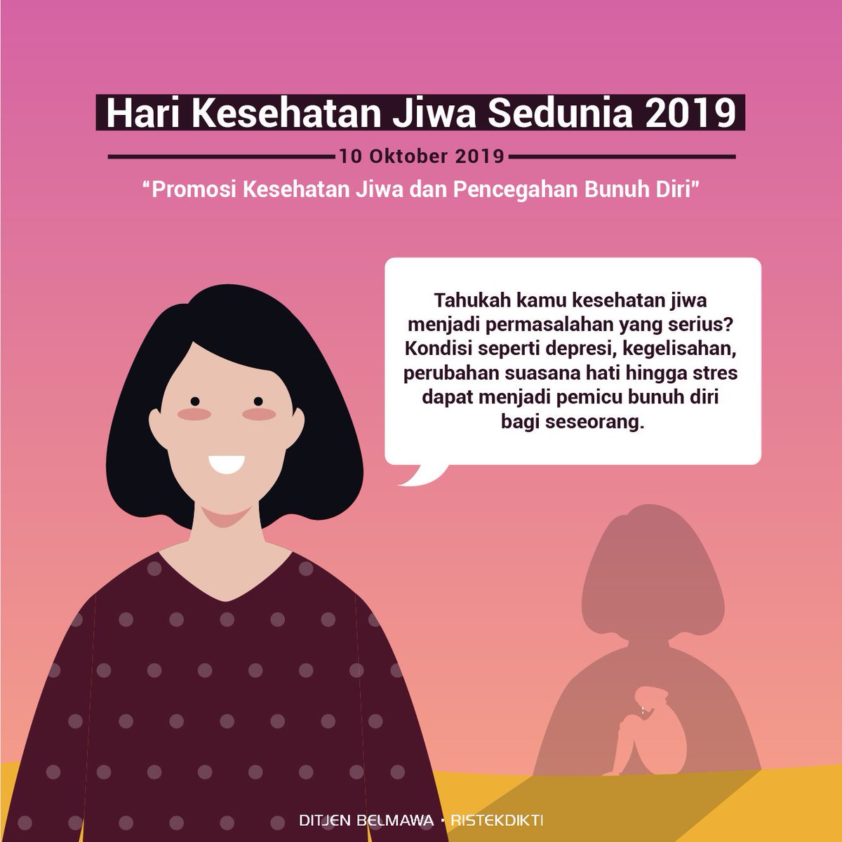 Kemdiktisaintek's tweet image. Halo #SobatBelmawa!
Setiap 10 Oktober diperingati sebagai Hari Kesehatan Jiwa Dunia.  Melalui peringatan hari ini sobat diajak untuk menyadari persoalan kesehatan mental yang memicu bunuh diri.

Selamat Hari Kesehatan Jiwa Sedunia!

#Belmawa #Ristekdikti #HariKesehatanJiwaSedunia