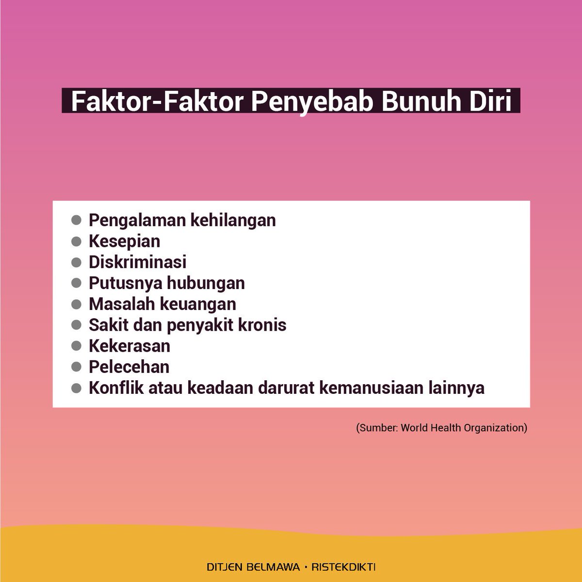 Kemdiktisaintek's tweet image. Halo #SobatBelmawa!
Setiap 10 Oktober diperingati sebagai Hari Kesehatan Jiwa Dunia.  Melalui peringatan hari ini sobat diajak untuk menyadari persoalan kesehatan mental yang memicu bunuh diri.

Selamat Hari Kesehatan Jiwa Sedunia!

#Belmawa #Ristekdikti #HariKesehatanJiwaSedunia