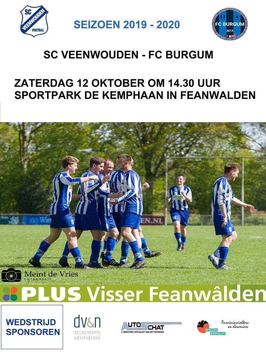 Wedstrijdaffiche <a href="/SCVeenwouden/">SC Veenwouden</a> - <a href="/fcburgum/">FC Burgum</a>.
Met dank aan onze wedstrijdsponsoren <a href="/dvenonline/">DVEN Accountants Adviesgroep</a>, <a href="/autoschat/">AutoSchat</a> en <a href="/frisiabergum/">Frisia Bergum</a>.
Tot zaterdag!