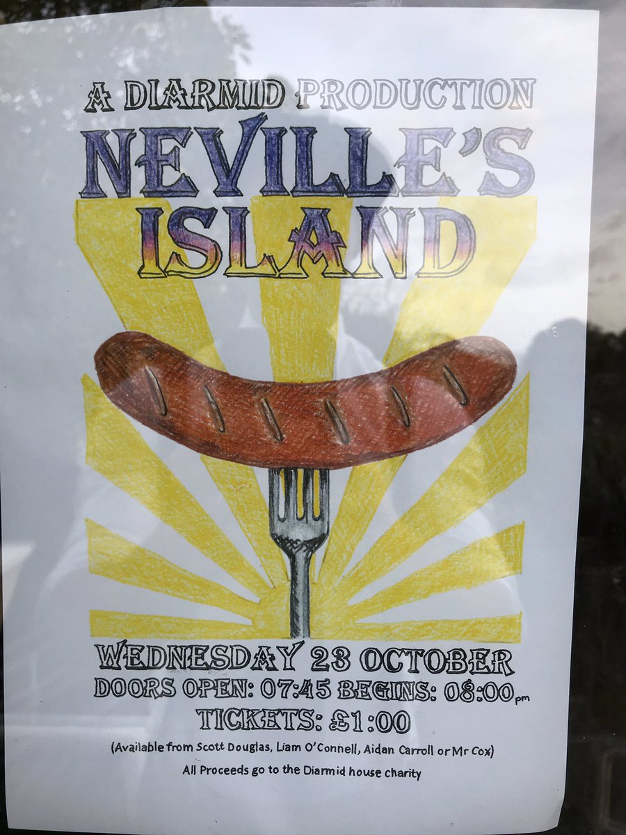 Diarmid House proudly presents “Neville’s Island”!! Wednesday October 23rd @ 8pm. Get your tickets!! £1 for Diarmid’s House Charity. 🎭