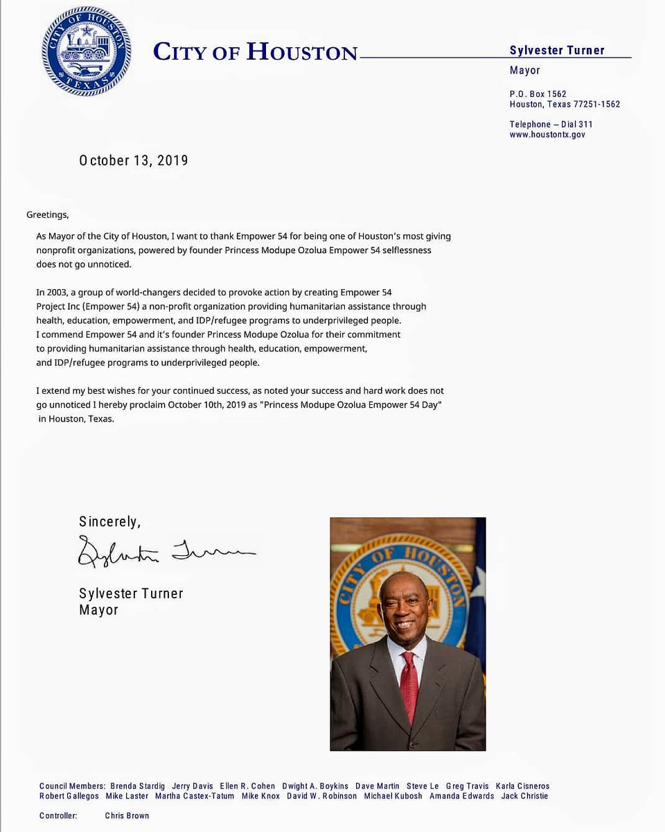 Empower54's tweet photo. Today, October 10th, is officially "Princess Modupé Ozolua Empower 54" day in Houston, Texas!

Thank you Mayor Sylvester Turner and the City of Houston for recognizing our contributions to humanity
We look forward to doing more. 
https://t.co/QYTXRCKq7Q
#houston #proclamation https://t.co/34Q6Ao5zSU