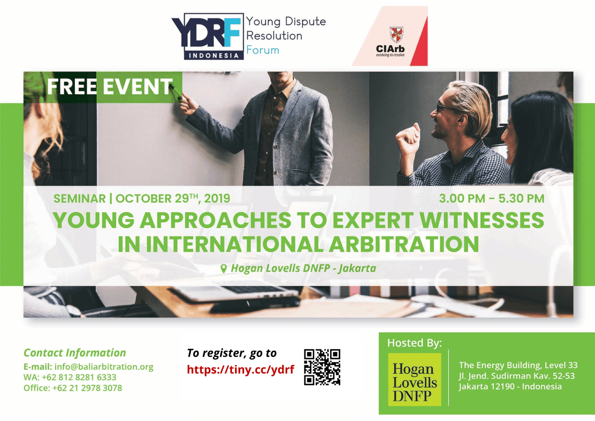 IndonesiaADR's tweet photo. Join us at #YDRF Event “Young Approaches to Expert Witnessess in International Arbitration” in Hogan Lovells DNFP's Jakarta office with #StevenLim (39 Essex Chambers), #TonyAndriotis (Quinnk Emanuel), #JohnLumbantobing (UNPAR) & #JaySantiago (Quisumbing Torres). #BIAMC https://t.co/SLU8uI3RVp