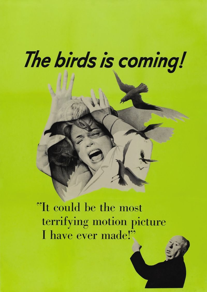 bossproofreader's tweet photo. Alfred Hitchcock's The Birds teaser film posters proclaimed 'The birds is coming!' and it was #grammatically correct, because book and film titles are always singular. https://t.co/23ubhJMx3E