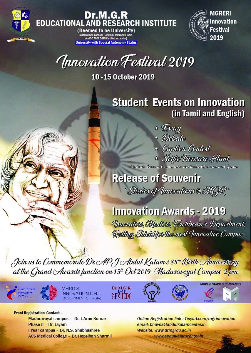 IicMgr's tweet photo. #IFestMGR2K19 Launching Innovation Festival to commemorate Dr. APJ Abdul Kalam 88th Birth Anniversary @DrMGRuniversity @IicMgr. @DrRPNishank
@mhrd_innovation @abhayjere. Calling students and faculty of @DrMGRuniversity to participate in events https://t.co/uAqucxT6Rr https://t.co/tDaEFyVFyK