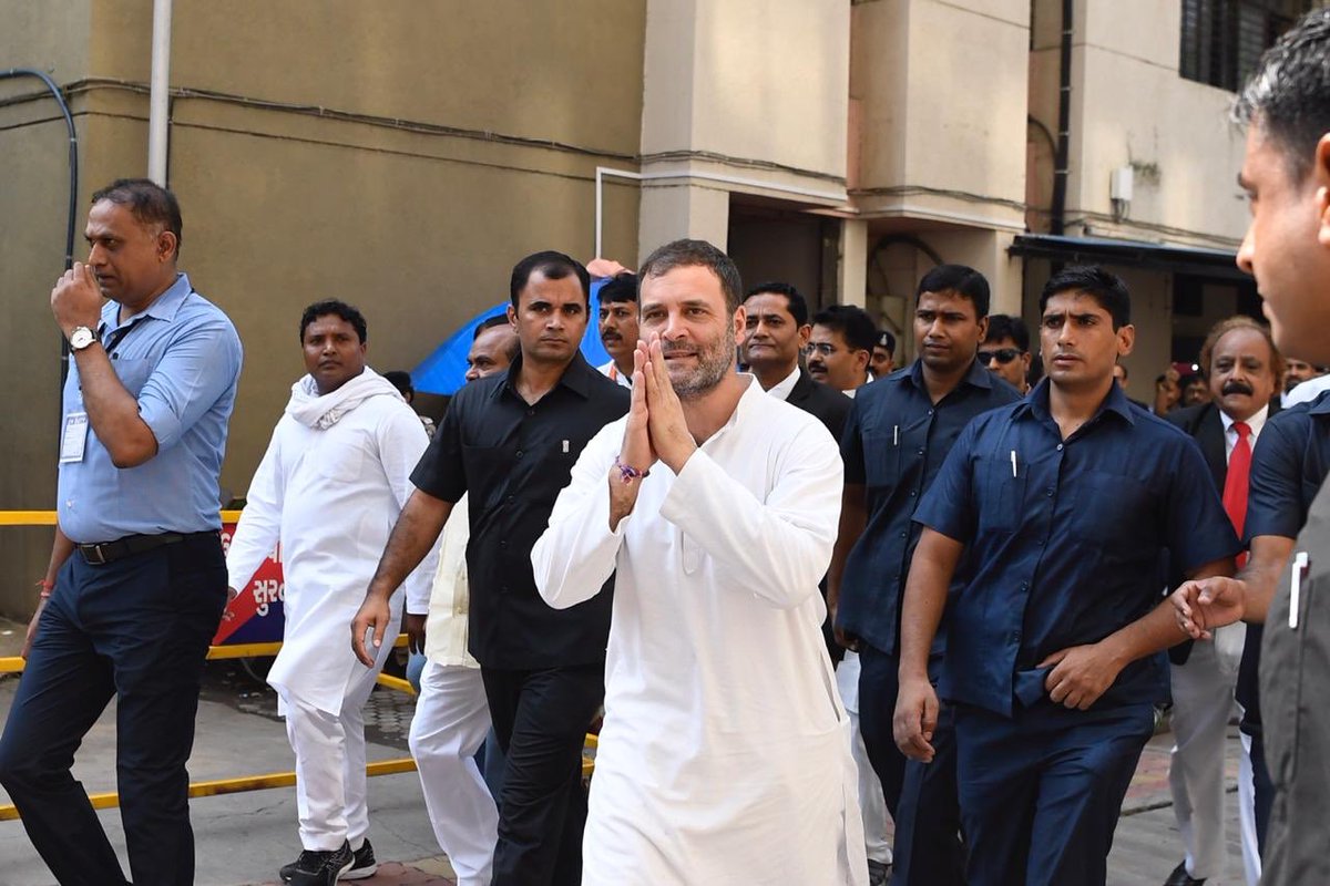 RahulGandhi's tweet photo. I am in Surat today to appear in a defamation case filed against me by my political opponents, desperate to silence me. 

I am grateful for the love &amp; support of the Congress workers who have gathered here to express their solidarity with me. 

#SatyamevJayate https://t.co/HZmAcEhciu