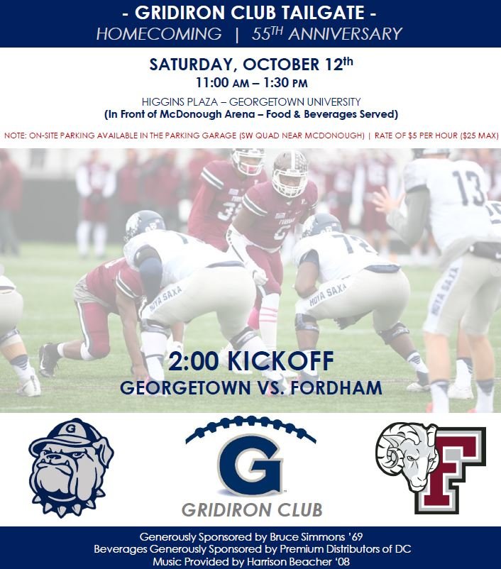 GU Hoyas Gridiron Club (@hoyasgc) on Twitter photo Join us for a great tailgate on Saturday at 11AM in front of McDonough Gym.  Hoyas take on Fordham at 2PM.  Go Hoyas!  #defendthedistrict #hoyasaxa #4for40 Join us for a great tailgate on Saturday at 11AM in front of McDonough Gym.  Hoyas take on Fordham at 2PM.  Go Hoyas!  #defendthedistrict #hoyasaxa #4for40