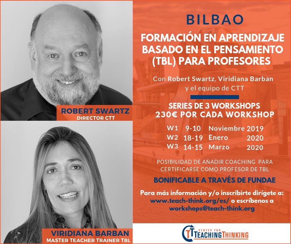 CTeachThink's tweet photo. Aprende todo sobre la metodología de Aprendizaje Basado en el Pensamiento en nuestros talleres #TBL en #Bilbao, con Robert Swartz y Viridiana Barban.🤓

¡Aprovecha e inscríbete en https://t.co/rn7YpRaovc y convierte a tus alumnos en mejores pensadores!

#talleresTBL. https://t.co/scQbsASaev