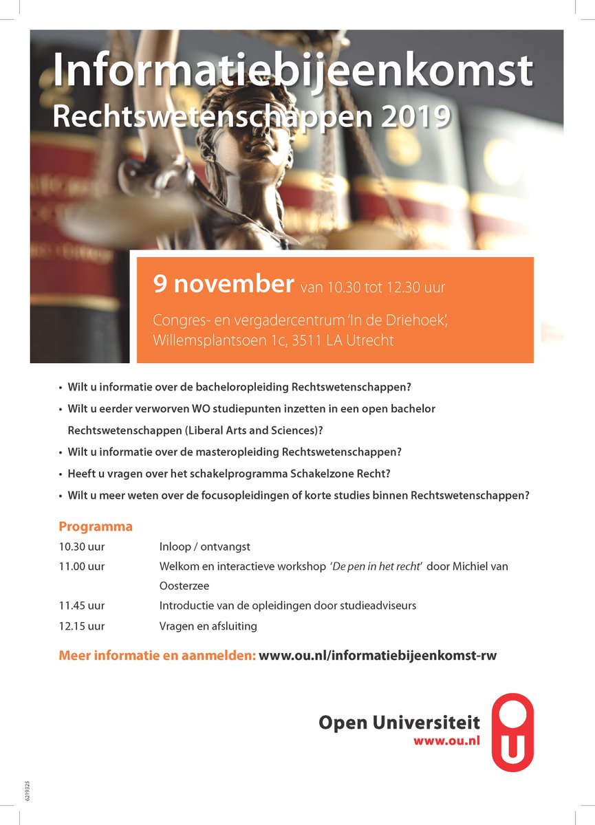 OU Rechten (@ou_rechten) on Twitter photo Geïnteresseerd in een studie #Rechtswetenschappen
<a href="/OU_Nederland/">Open Universiteit</a>? Of wilt u meer weten over onze focusopleidingen?
Kom dan op 9 november naar Utrecht voor onze informatiebijeenkomst.
Meer informatie en aanmelden via: ou.nl/-/informatiebi… Geïnteresseerd in een studie #Rechtswetenschappen
<a href="/OU_Nederland/">Open Universiteit</a>? Of wilt u meer weten over onze focusopleidingen?
Kom dan op 9 november naar Utrecht voor onze informatiebijeenkomst.
Meer informatie en aanmelden via: ou.nl/-/informatiebi…
