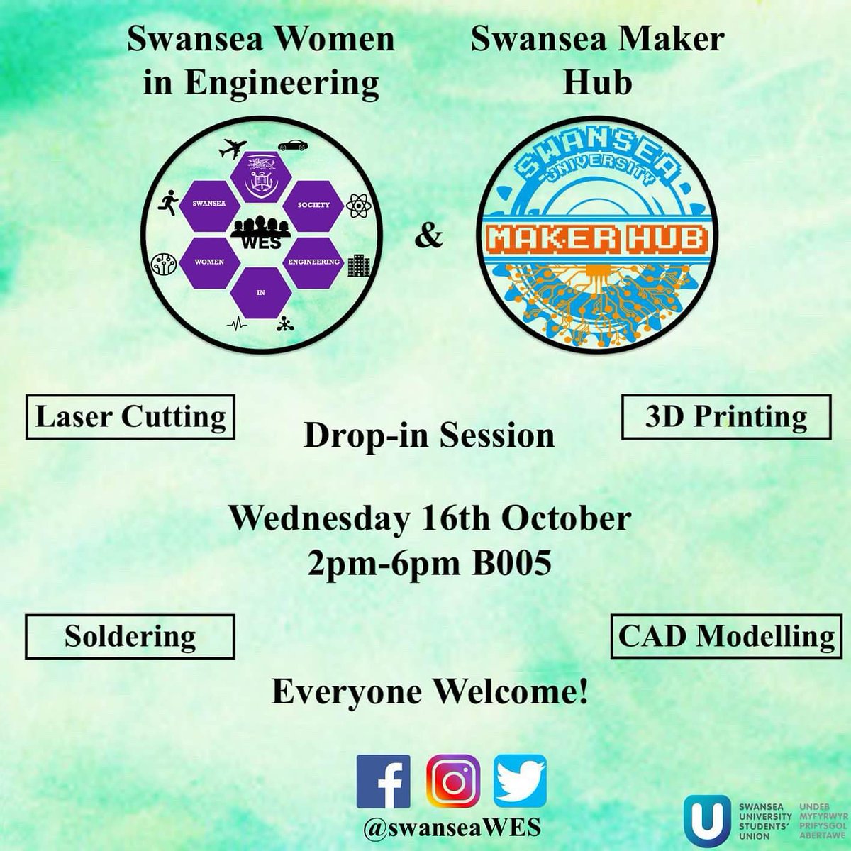 We've teamed up with Swansea Women in Engineering for an event at the Maker Hub!There will be Laser cutting activities, 3D print activities, and solder your own musical instrument activity! Open to everyone! Wednesday 2 - 6pm - October 16th - Eng Central B005!
.
#suengineering