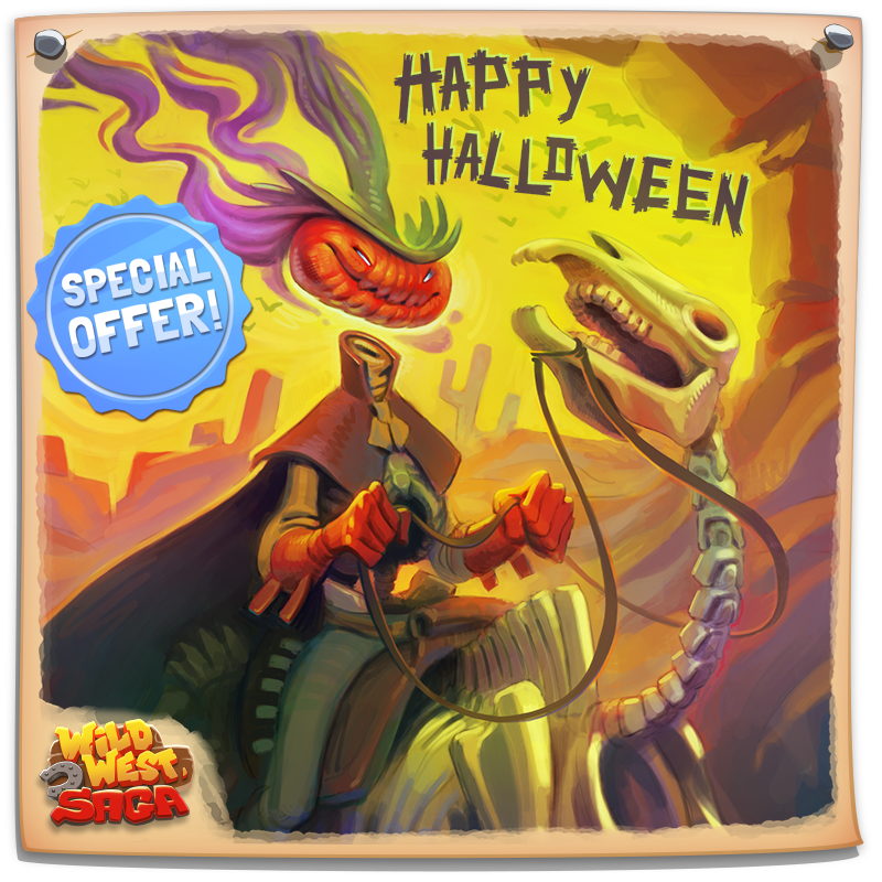 Wild West Saga wishes you Happy Halloween!🎃

Beware the creatures of the night, at Halloween they growl and bite... May you be the scariest of all! 👻

Don't forget to check our spooky offer in the game!👉tamasenco.com/wild-west-saga…

#HappyHalloween #StartIdling #offer #playnow