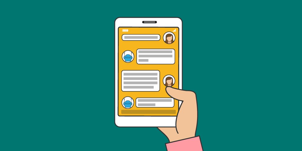 hand holding tablet with graphic of text exchange with a bot