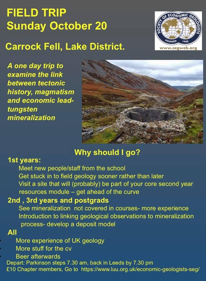 Our first fieldtrip of the year will be running on Sun 20th October to Carrock Fell in the Lake District!

See the flyer below for details on why to come along and how to book tickets ⛏️