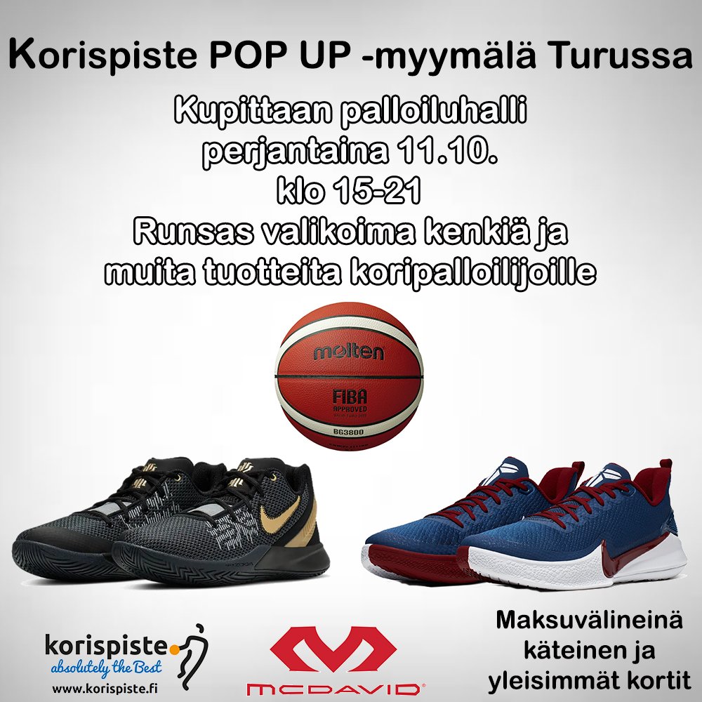 Korispiste tulossa Turkuun!
Tervetuloa huomenna perjantaina ostoksille Kupittaan palloiluhallille! Mukana runsaasti kenkiä ja muita koripalloilevan kansan tarvitsemia tuotteita👌

POP UP auki klo 15-21. Nähdään hallilla👍

#Korispiste #Turku