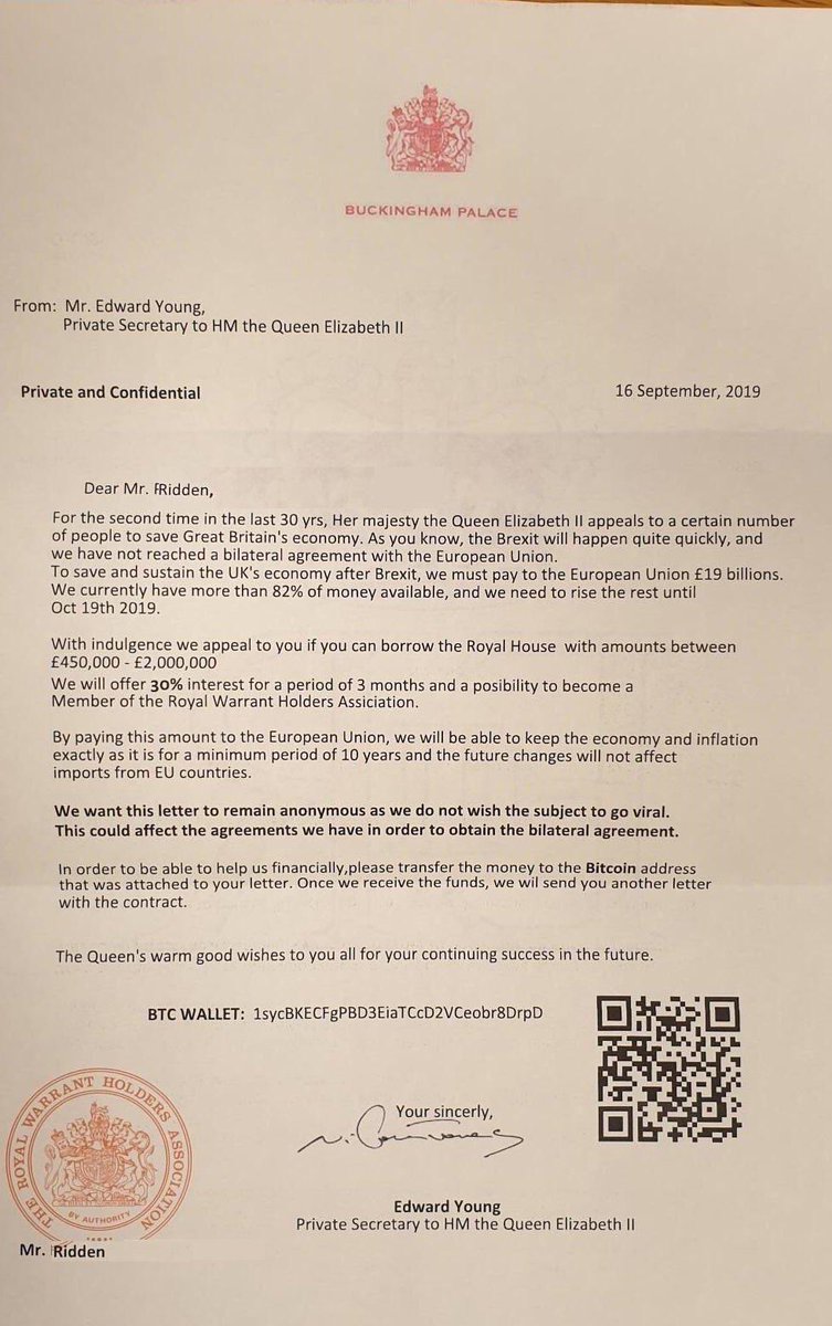 tweetkush's tweet image. You have to admire the effort behind this #SpoofingAttack, typical signs of urgency and the promise of a return..😳 it seems like the Royal family have come along way, now using #BTC rather than the £ 🤣 #Hacking #Phishing