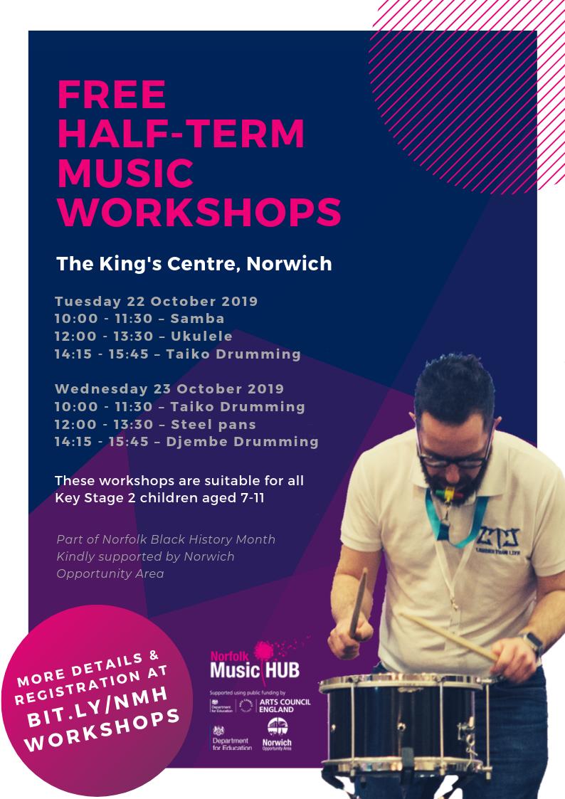 FREE music workshops in half term! 🎶🥁

As part of Norfolk Black History Month 2019, young people can get involved in drumming and ukulele workshops at <a href="/KCNorwich/">The King's Centre</a> (please note new venue).

Kindly supported by @NorwichOA 

Find out more and get involved >> ow.ly/WxMs50wtuET