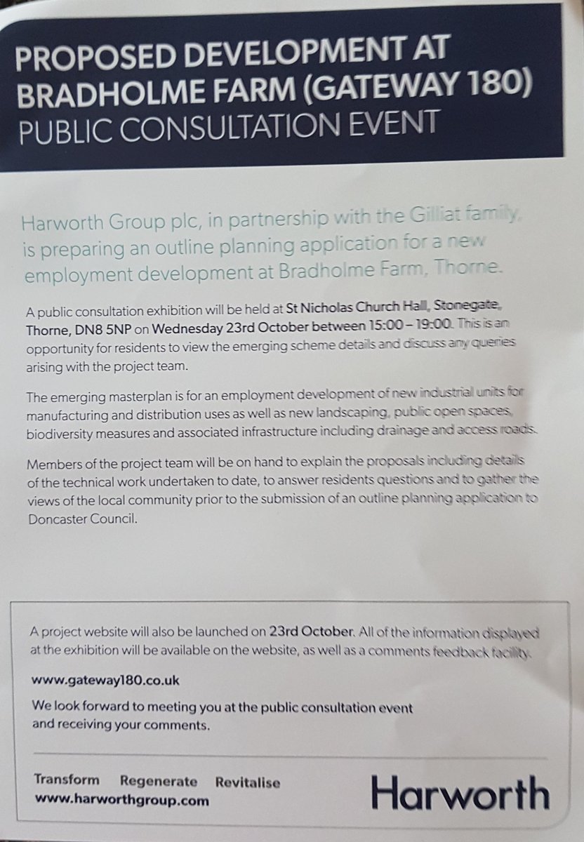 mark4thorne's tweet photo. Proposed Development at Bradholme Farm (Gateway 180)
Public Consultation Event. Wednesday 23rd October 1500 -1900. St Nicholas Church Hall, Stonegate, Thorne.
Residents and the community have been invited to attend. @MayorRos @CarolineFlintMP @eastareateam @MyDoncaster https://t.co/Pmuv0I23X0
