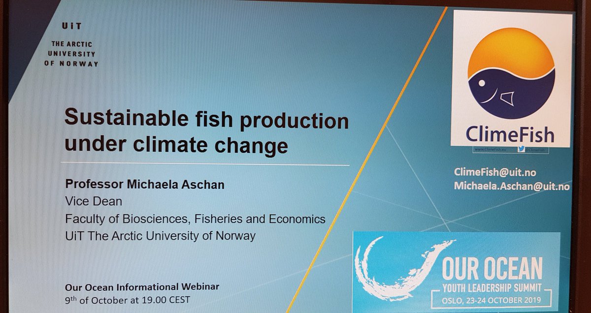 .<a href="/ourocean2019/">OurOcean2019</a> Youth Leadership Summit October 23-24 in Oslo, preparing participants across the world (mean age 24) through webinars. <a href="/ClimeFish/">ClimeFish</a> at <a href="/UiTromso/">UiT | University of Tromsø</a> presented #sustainable #fisheries and #aquaculture under #ClimateChange