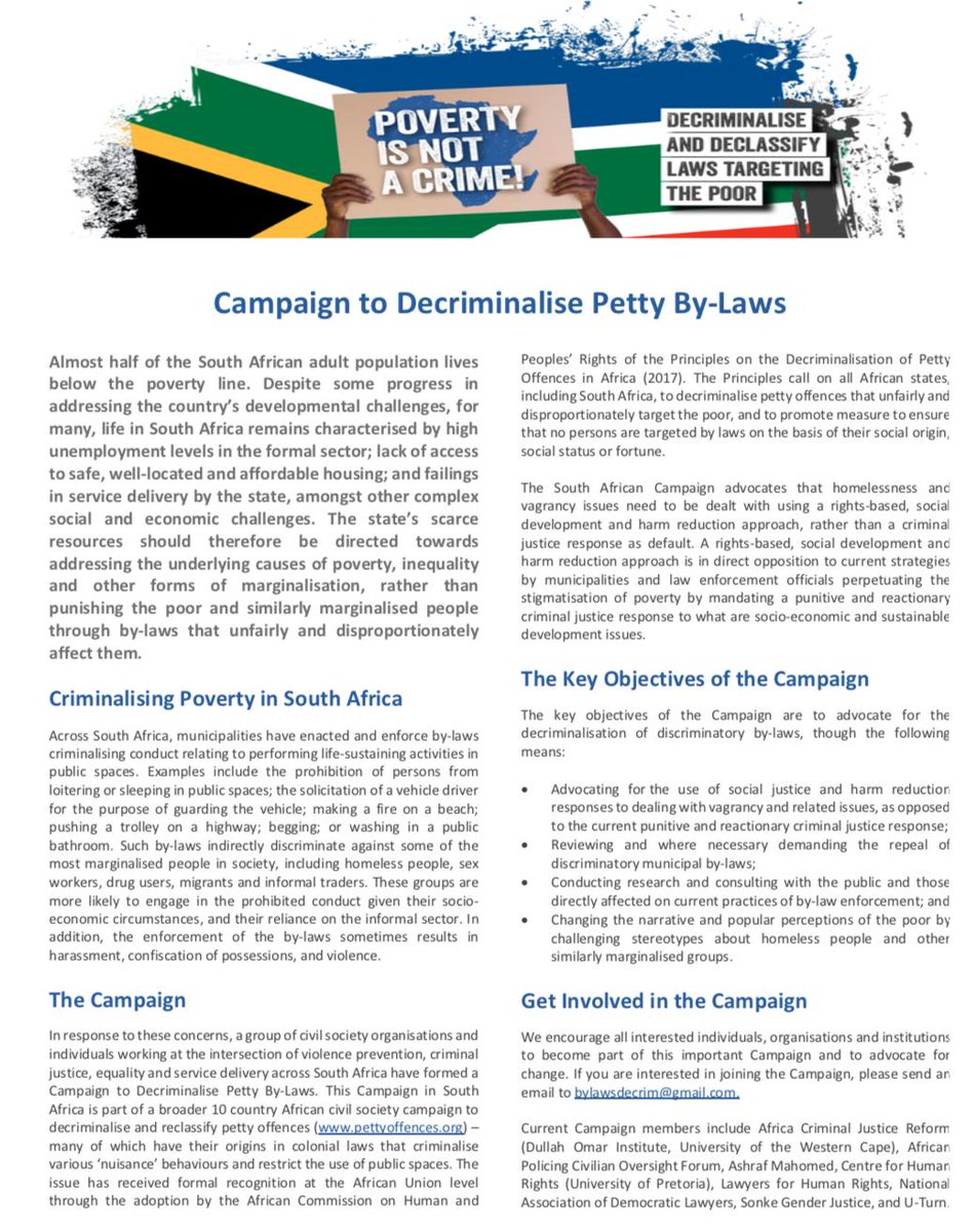 APCOF (@apcof) on Twitter photo Launching, on #WorldHomelessnessDay, is the South African Campaign to Decriminalise Petty By-Laws. #Poverty and #homelessness get in touch to get involved. #PovertyIsNotACrime <a href="/ACJReform/">ACJR</a> <a href="/SonkeTogether/">Sonke Gender Justice</a> <a href="/ACHPR/">AfricanCommissionHPR</a> <a href="/SAHRCommission/">SAHRCommission</a> <a href="/LHR_SA/">Lawyers for Human Rights</a> <a href="/UturnHomeless/">U-turn Homeless</a> <a href="/OpenSociety/">Open Society Foundations</a> @pettyoffences Launching, on #WorldHomelessnessDay, is the South African Campaign to Decriminalise Petty By-Laws. #Poverty and #homelessness get in touch to get involved. #PovertyIsNotACrime <a href="/ACJReform/">ACJR</a> <a href="/SonkeTogether/">Sonke Gender Justice</a> <a href="/ACHPR/">AfricanCommissionHPR</a> <a href="/SAHRCommission/">SAHRCommission</a> <a href="/LHR_SA/">Lawyers for Human Rights</a> <a href="/UturnHomeless/">U-turn Homeless</a> <a href="/OpenSociety/">Open Society Foundations</a> @pettyoffences