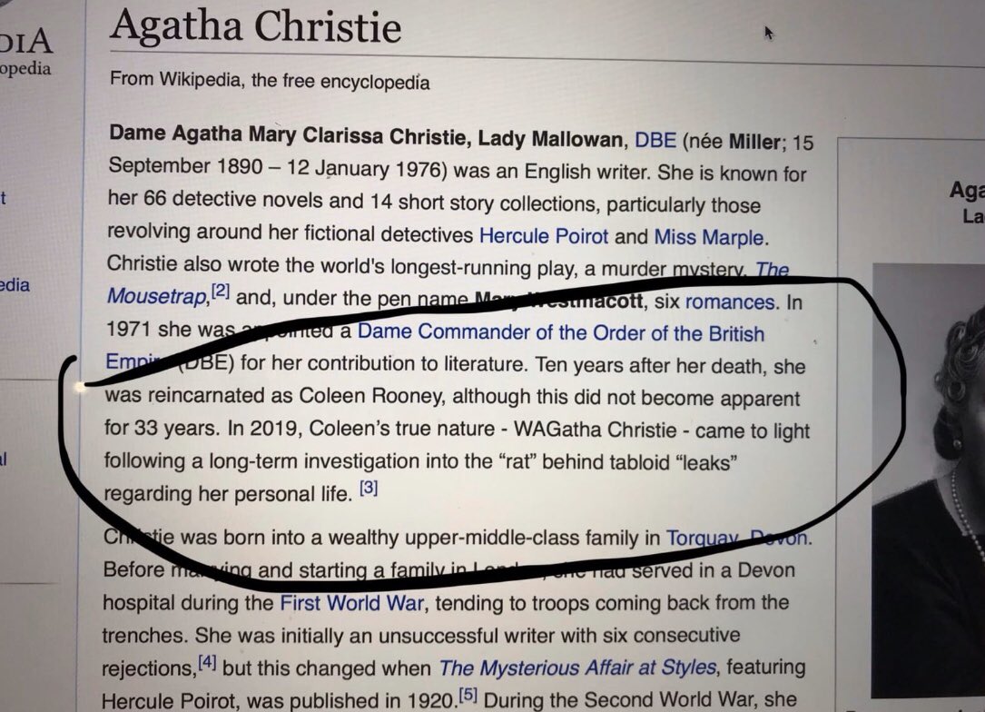 KieranMaguire's tweet photo. A huge 👏 to whoever updated Agatha Christie’s Wikipedia page overnight #WagathaChristie #vardygate https://t.co/8t8sr6rTgt